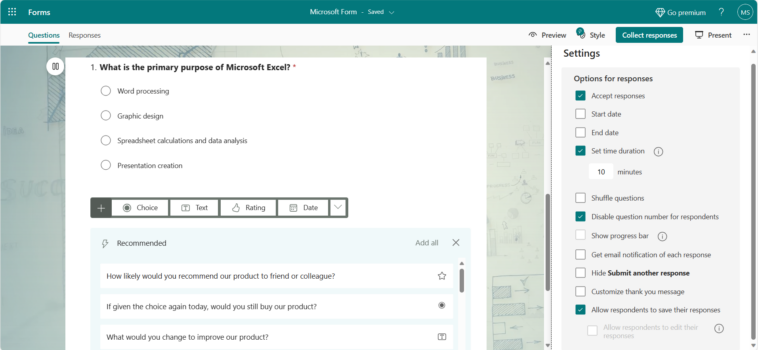 Microsoft Form Setting for Quiz